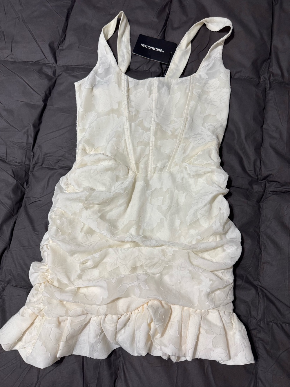 PrettyLittleThing Cream Floral Jacquard Ruffle Hem Mini Dress vintage
